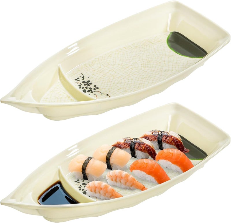 Hedume 2 Pack Sushi Boat Shape Plate, Sushi Sashimi Serving Tray, Nearly Unbreakable Melamine Plastic Plate, Top Dishwasher Safe, 12.9 x 5.7 Inch - Image 1
